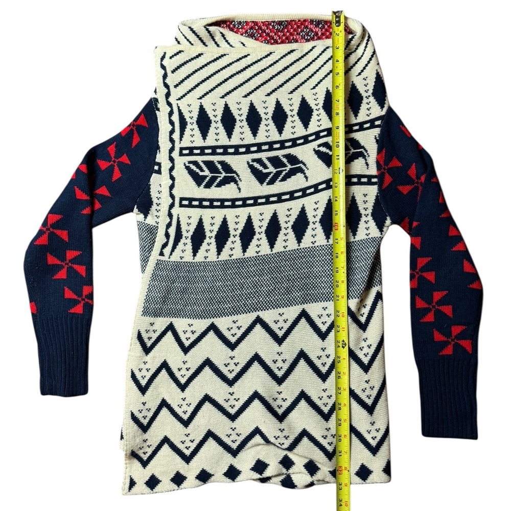 Southwestern Fair Isle Knit Open Front Cardigan Navy Cream Red Geometric Boho - Picture 4 of 8